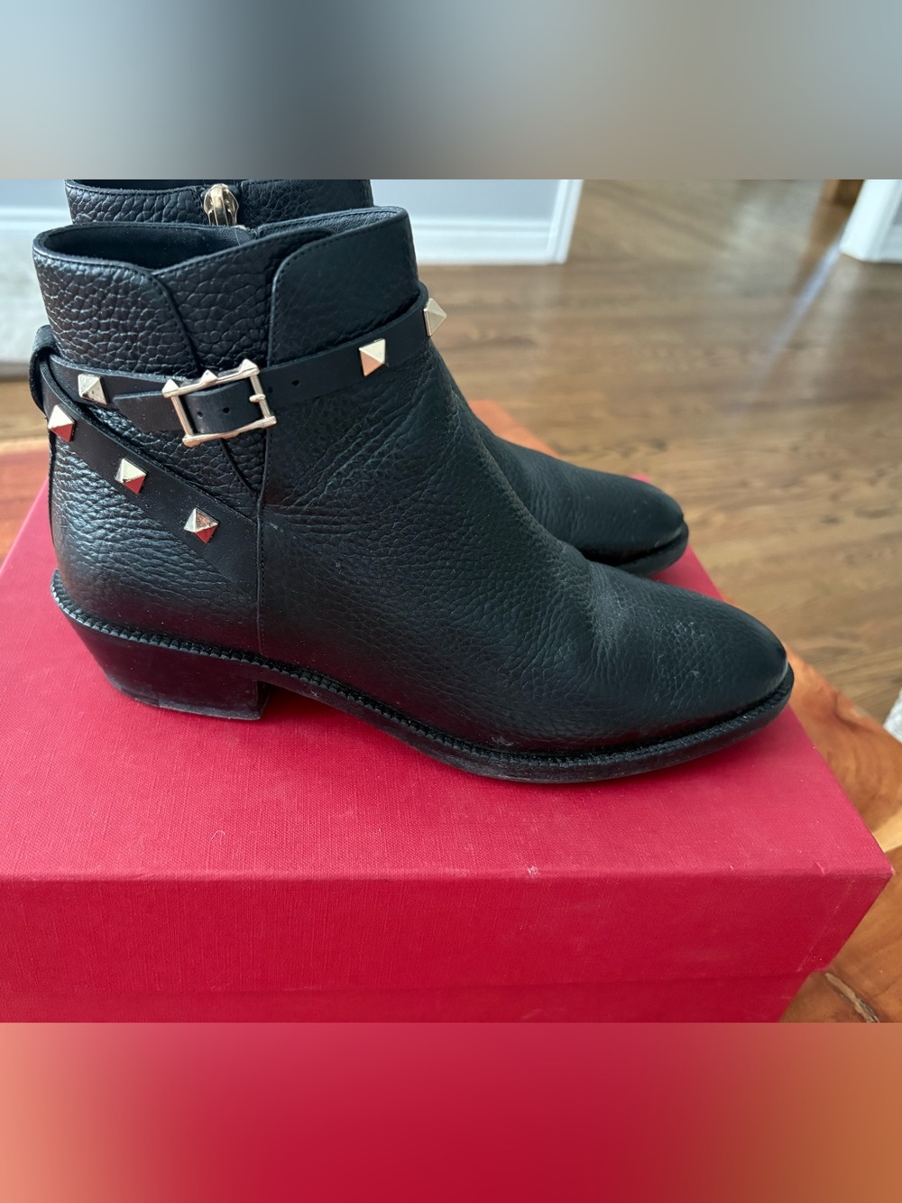 Valentino Black Leather Pyramid Stud Ankle Boots
